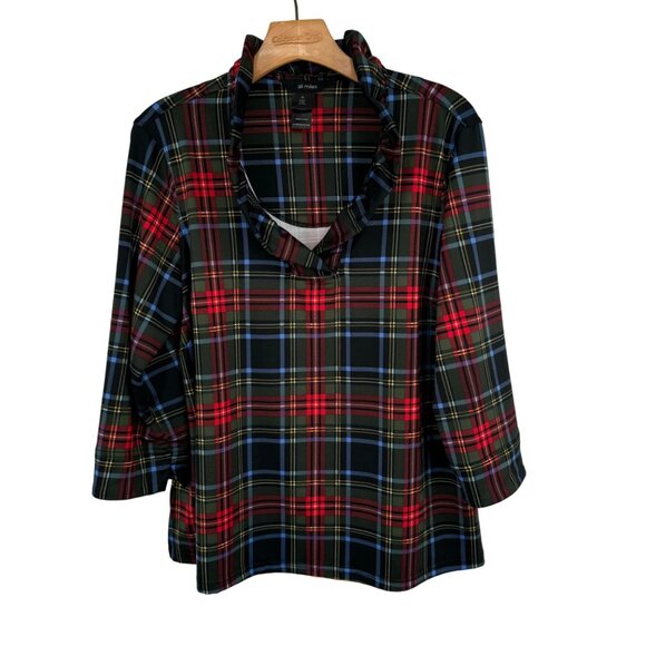 Ali Miles Tartan Plaid Scoop Ruffle Neck 3/4 Sleeve Red size large pletie - Picture 2 of 12